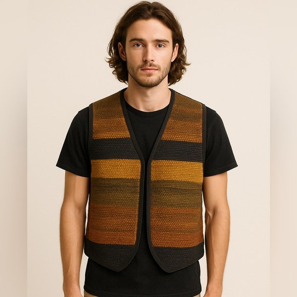 Vintage AJ Woven Leather Vest Genuine Suede Striped Southwest Boho Size Small - Picture 8 of 10